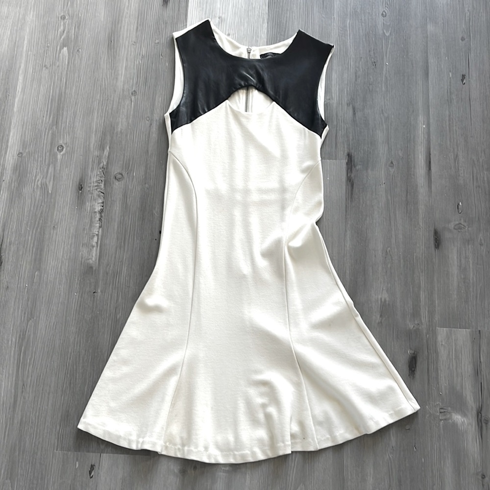 Cream Mini Dress with Real Leather Trim.
